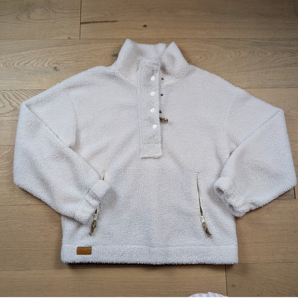 Simply Southern Sweaters - Simply Southern Sherpa Fleece Pullover Cream Plaid Trim Mock Neck Snap Large